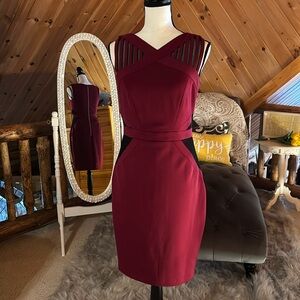 Jax Burgundy Cocktail Sheath Dress with Black Insets